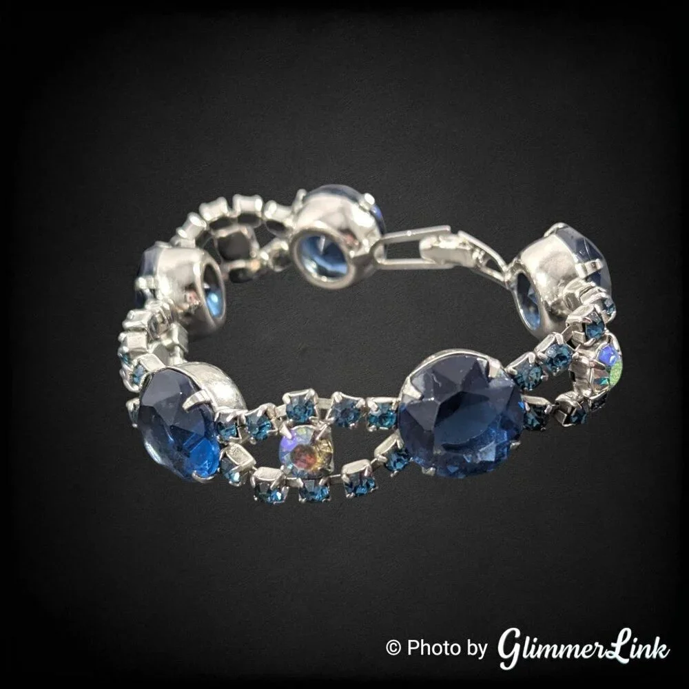 Vintage Blue Glass AB Rhinestone Prong Set Scalloped Silver Tone Bracelet